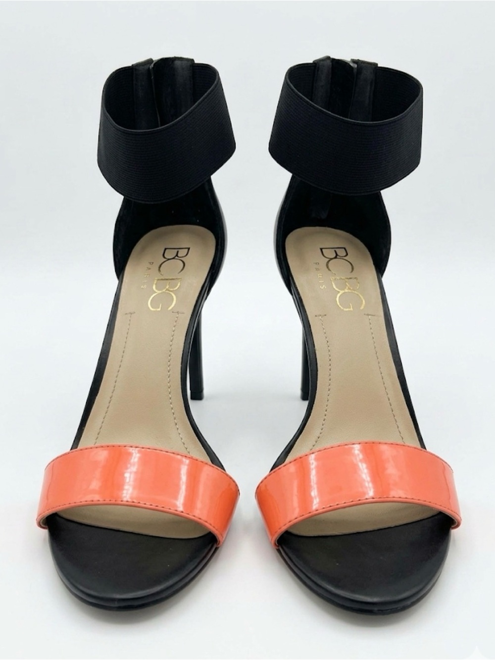 BCBG Black and Coral Patent Open-Toe Ankle-Strap Heels